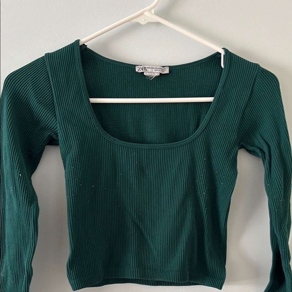 Zara Green Ribbed 3/4 Sleeve Crop Blouse